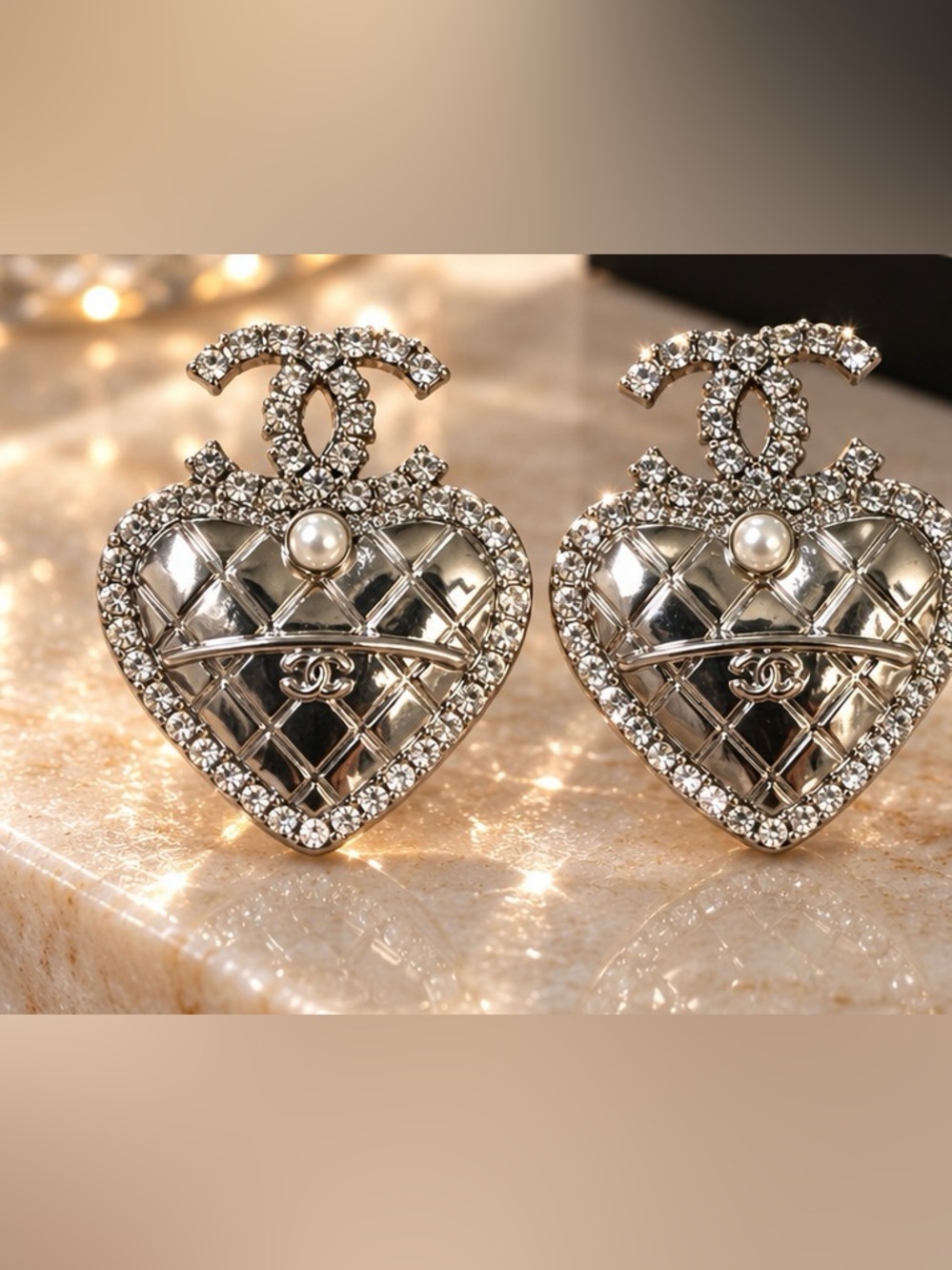 Silver Tone Crystal Heart Statement Earrings Pearl Quilted Style Dangle